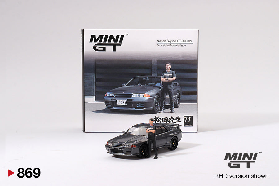 Mini GT Nissan Skyline GT-R (R32) NISMO Gunmetal w/ Matsuda Figure RHD 1:64 - MGT00869-R