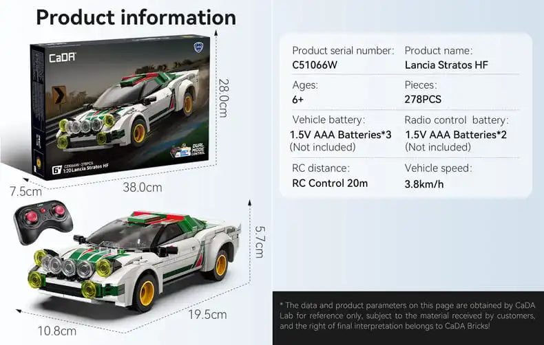 CaDA Lancia Stratos HF Gr.4 Car 1:20 278 Pieces Brick Model Kit - RC Control - C51066W