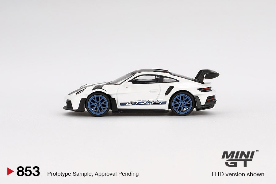 Mini GT Porsche 911 (992) GT3 RS Weissach Package White with Indigo RHD 1:64 - MGT00853-R