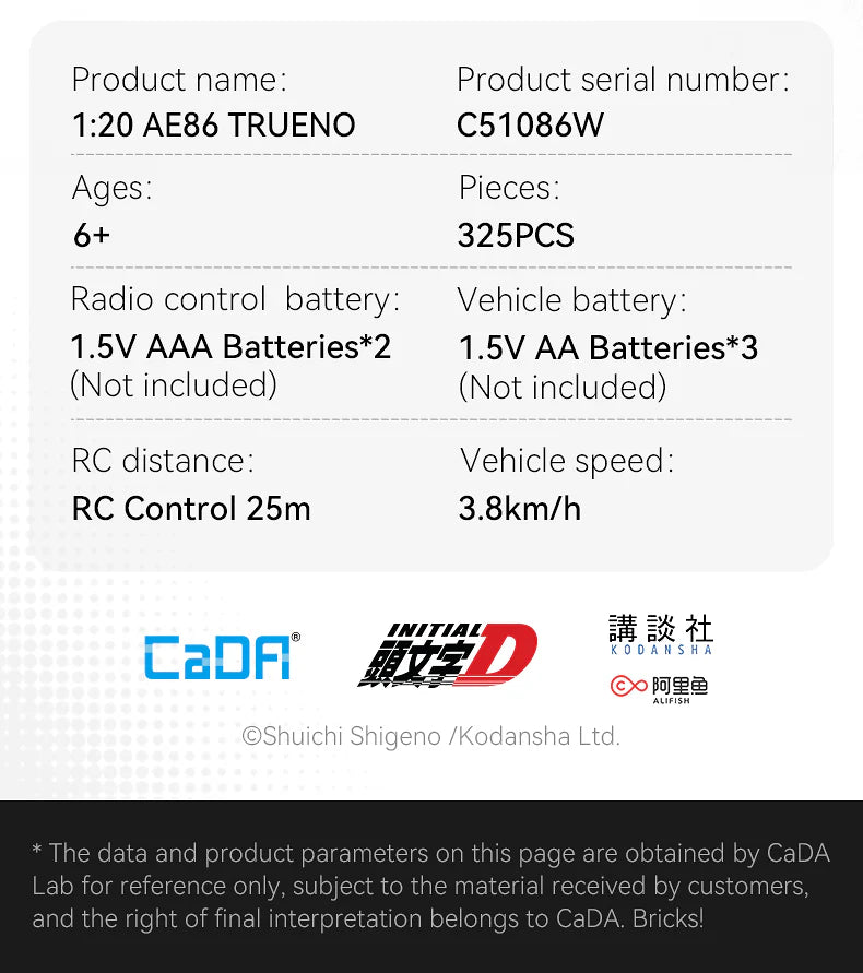 CaDA Initial D 1:20 AE86 Trueno 325 Pieces Brick Model Kit C51086W