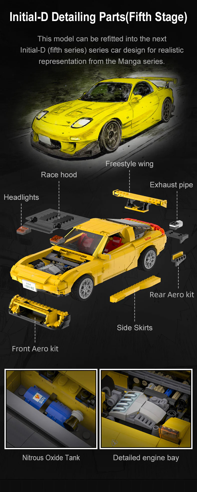 CaDA Keisuke Initial D Mazda RX-7 1:12 FD3S 1655 Pieces Brick Model Kit C61023W