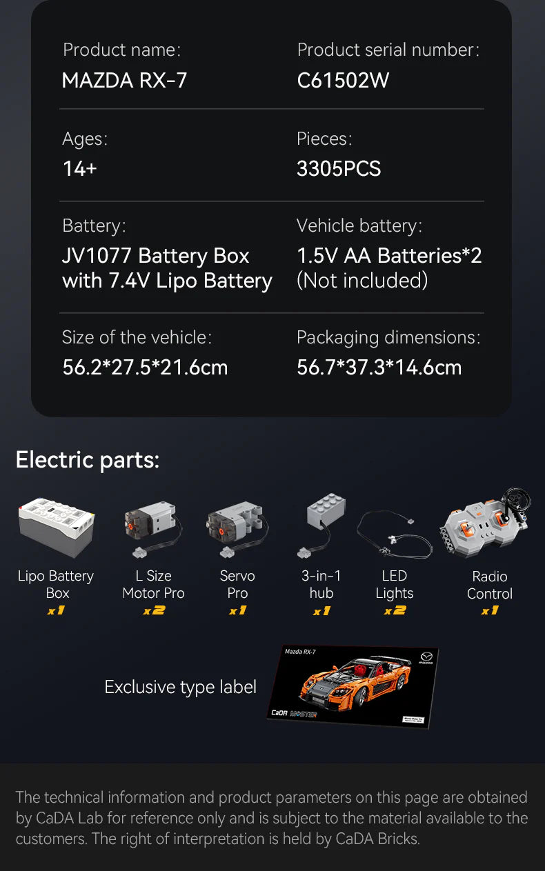 CaDA Mazda RX-7 1:8 3305 Pieces Brick Model Kit C61502W - Damaged Box